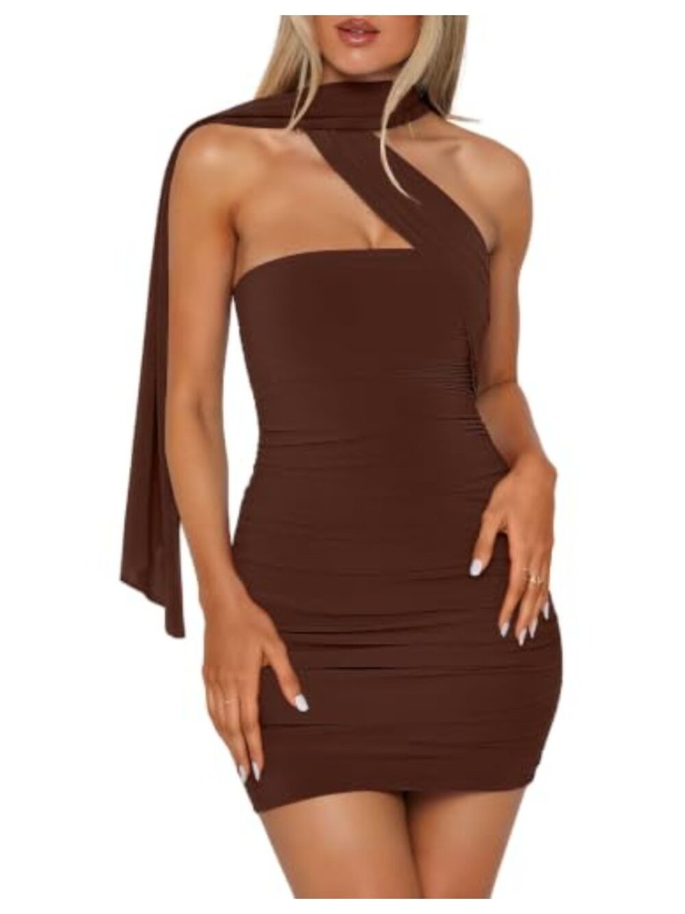 Women's Strapless Ruched Bodycon Mini Dress with Scarf Backless Club Party